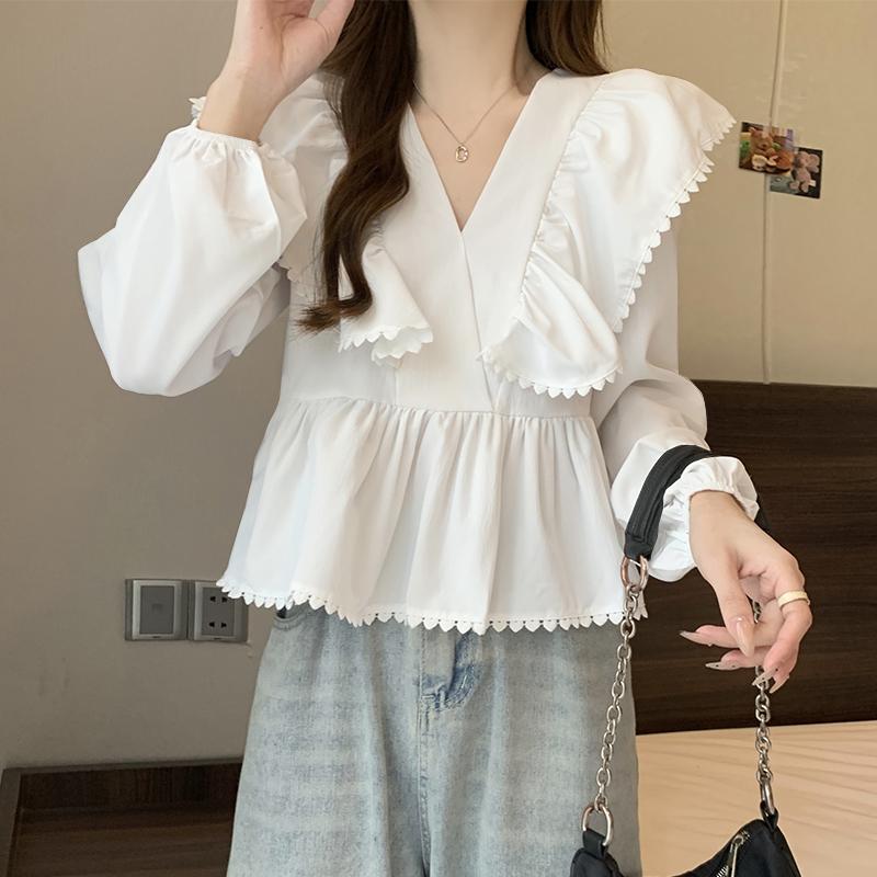 

VONDA Женские повседневные кружевные лацканы однотонные длинные рукава блузки L