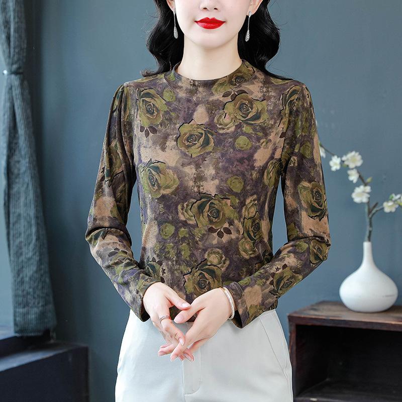 

Бархатная принтованная базовая рубашка для женщин на зиму, новый длинный рукав, топ, пуловер, универсальная футболка для мам 4XL
