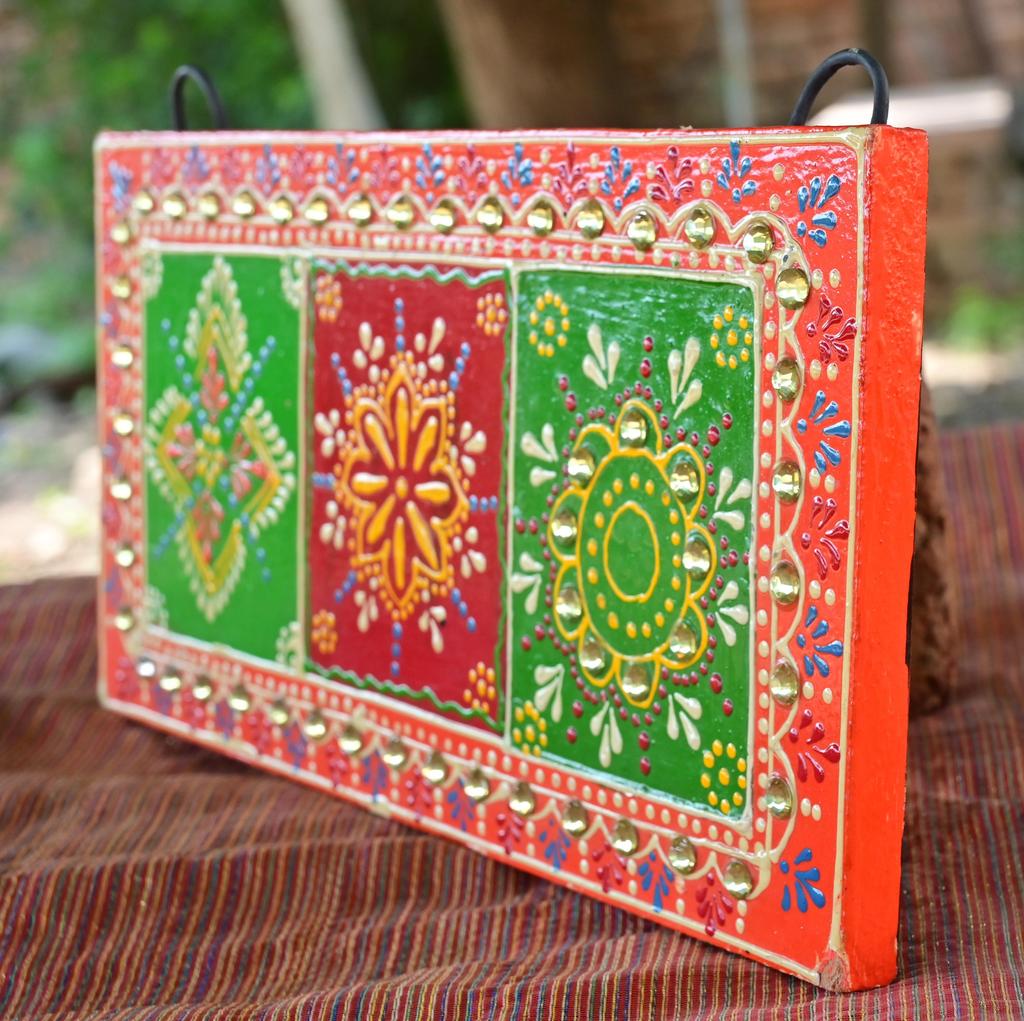 Hand Painted Indian Folk Art Wall Decor: Mirror Work Ethnic Panel