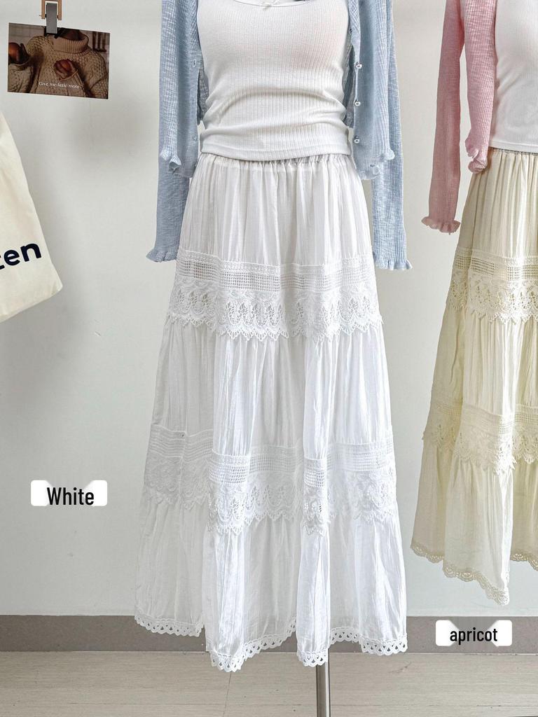 2026 Spring/Summer Gentle Style Girly A-line Layered Skirt with Lace Trim & Elastic High Waist
