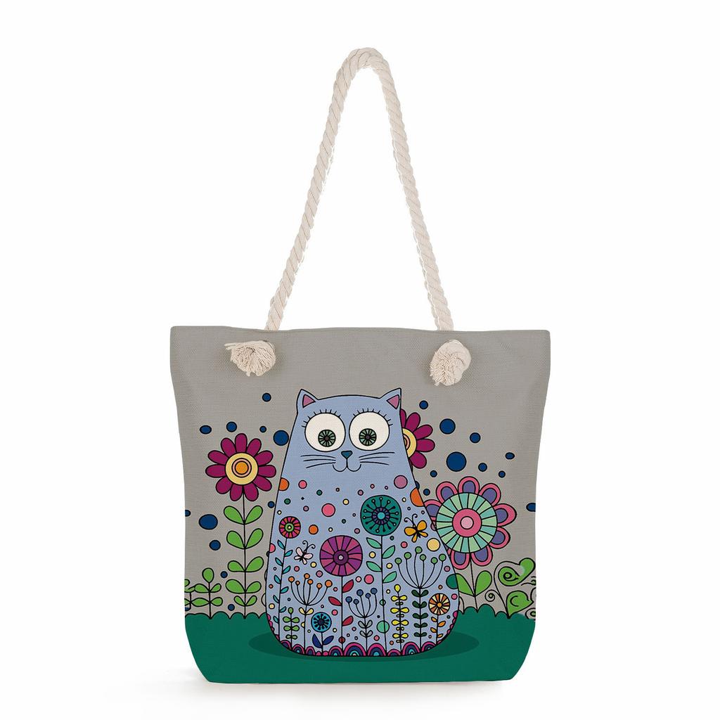 Cartoon cat print thick rope single-shoulder beach bag 7252