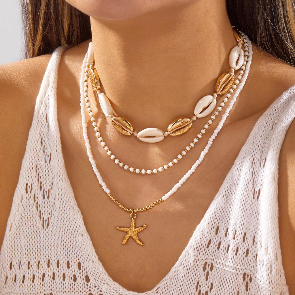 Bohemian Multilayer Starfish Shell Rice Beads Necklace for Women Handmade Summer Ocean Style Choker Girl Vacation Party Jewelry