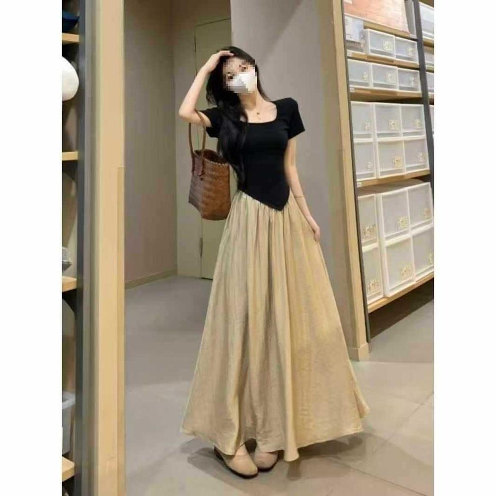 Women's Square Neck Short Sleeve Color Block A-Line Maxi Dress Casual High Waist Long Dress
