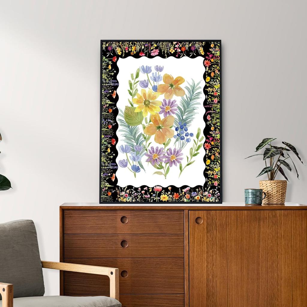 60 Pcs Floral Bulletin Board Borders Black Wild Flower Scalloped Self-Adhesive Border Trim Sticker Decals for Home Classroom Spring Party Wall