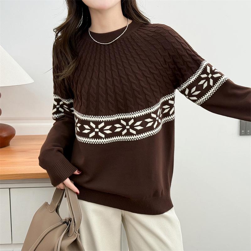 2026 Spring Plus Size Women's Jacquard Cable Knit Sweater, Round Neck, Long Sleeve, Year of the Rat New Year Outfit.