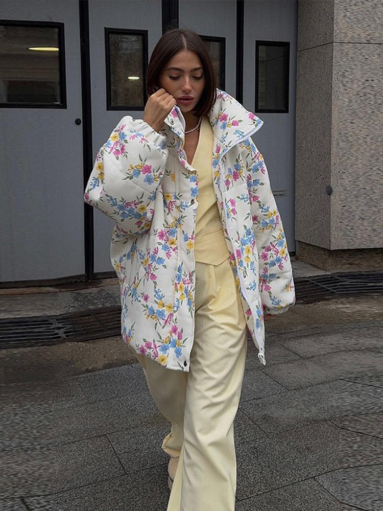 Damen Baumwollgepolsterte warme Jacke Damen dünne Daunenjacke Damen bedruckte Reißverschlussreversjacke Modestil Herbst und Winter