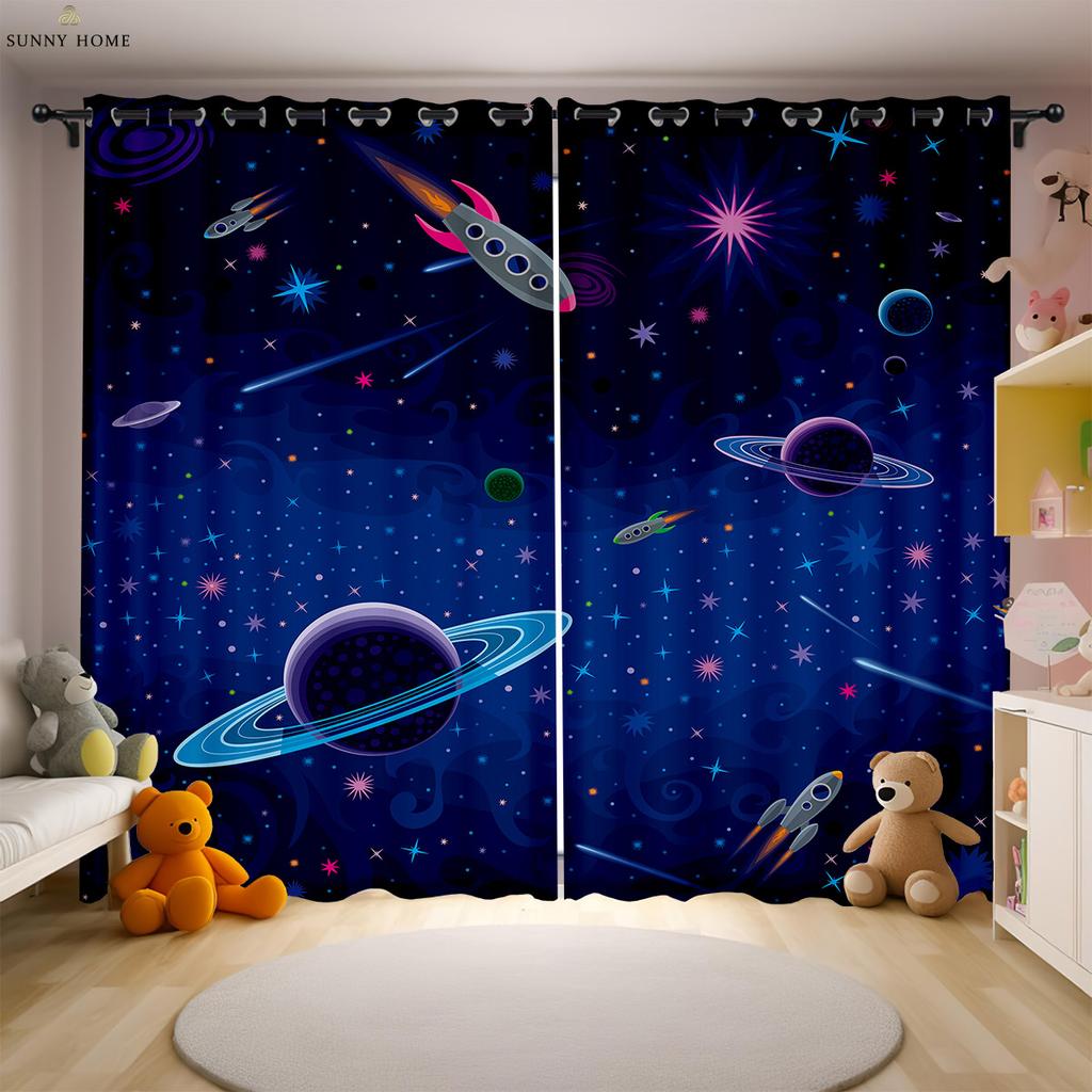 Dreamy Astronaut Cartoon Universe Printed Curtains Children's Room Window Curtains Easy To Wash And Care Home Decoration 2 PCS