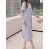 Korean Style Plus size women clothing Fat Sister Summer V-neck Stripe Pullover Front Slit Mid-Length Short sleeve Dress L-4XL