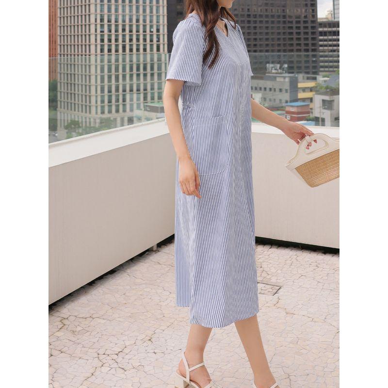 Korean Style Plus size women clothing Fat Sister Summer V-neck Stripe Pullover Front Slit Mid-Length Short sleeve Dress L-4XL
