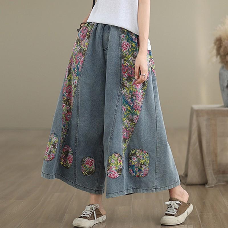 Femei talie înaltă pantaloni largi din denim pantaloni femei stil vintage patchwork floral imprimare blugi casual largi femei