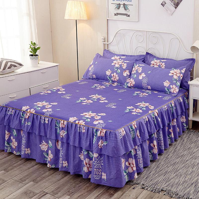 Floral Bedspread Brushed Sanding Bed Skirt King Queen Size Soft Comfortable Double Layer Bed Cover for Cozy Sleep