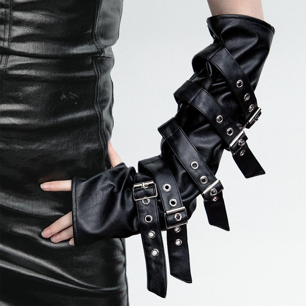 Gothic Punk Pu Leather Long Gloves Woman Techwear Style Adjustable Leather Strap Fingerless Gloves Hip Hop Cosplay Arm Sleeves