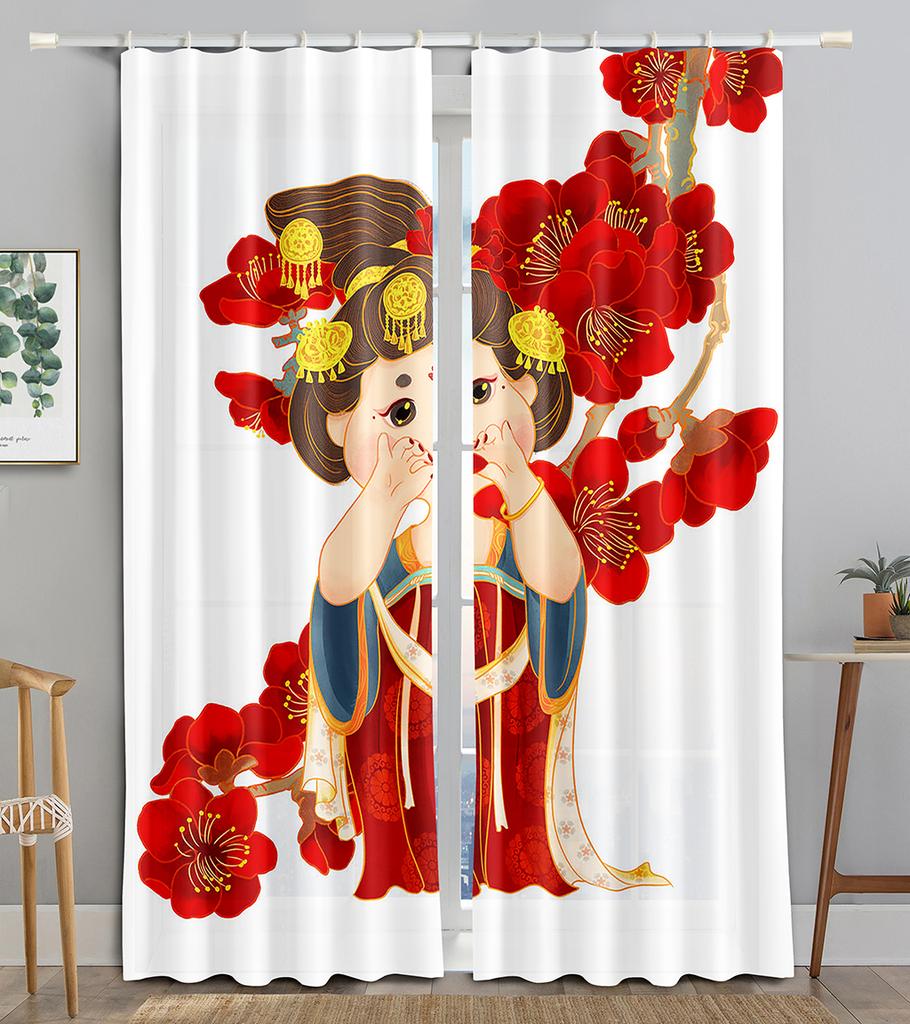 Chinese Animated Maid TraditionalOpera Blackout Window Panel Curtain Living Room Room Bedroom Bathroom Kicthen Door Cupboard Decor Hooks