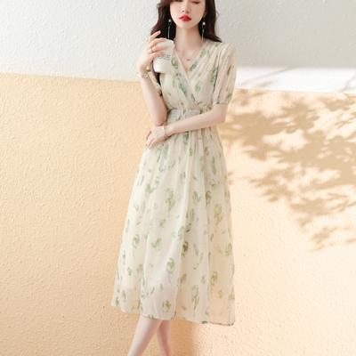 Floral Dress for Women In Summer New Style Waist-closing and Slimming Tea Break French Chiffon Dress