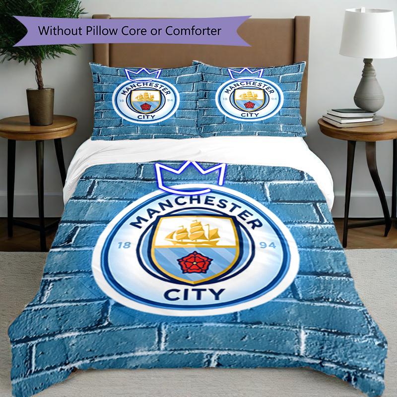 3pcs Duvet Cover Set (1*Duvet Cover + 2*Pillowcase, Without Core),Manchester City FC Print Bedding Set, Bedroom Decor, All‑Season, Birthday Gift