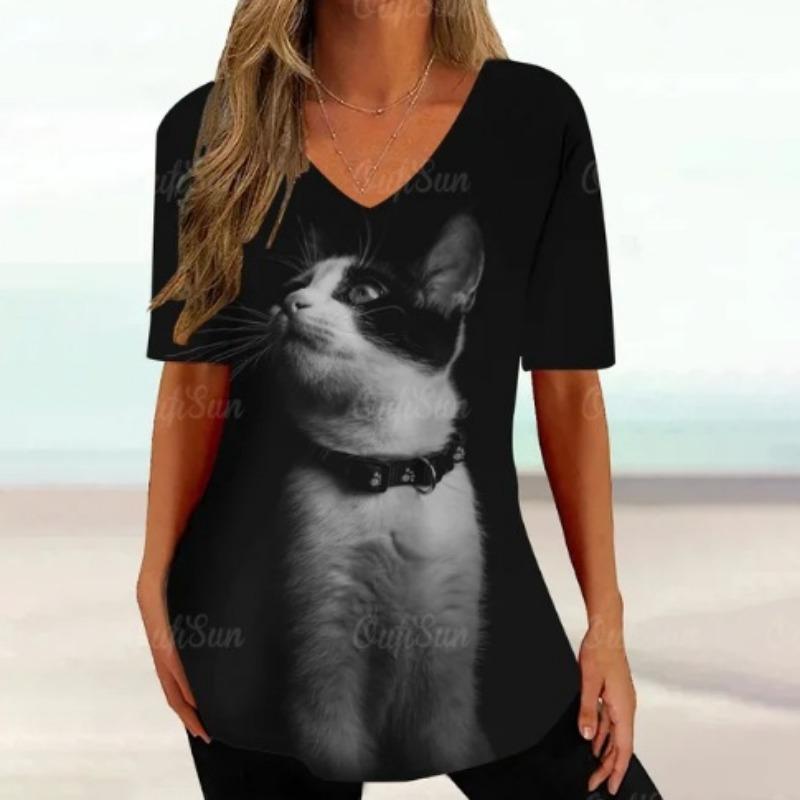 Summer V-neck 3D Cartoon Cat Printed Top Fashionable Casual Short Sleeved Women's T-shirts