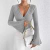 Elegant Women's V-Neck Bell Sleeve Ribbed Knit T-Shirt
