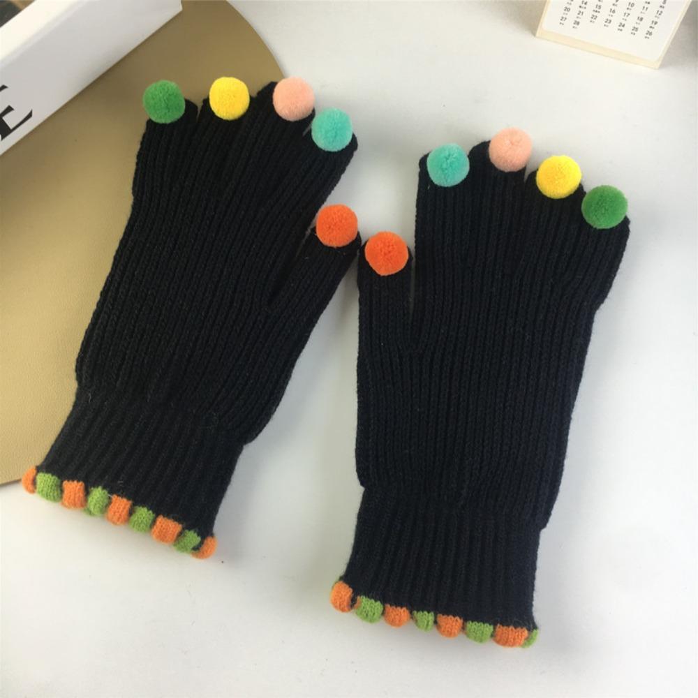 Knitting Gloves Colorful Hairball Cycling Driving Gloves Full Finger Mittens Autumn
