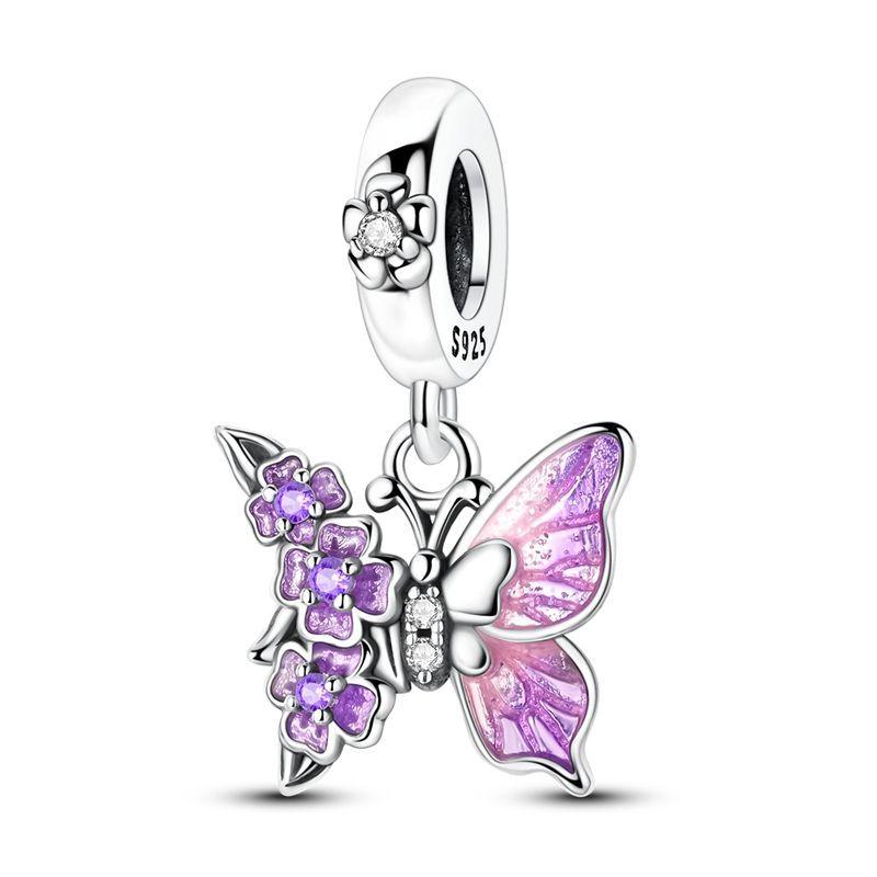 Fashion 925 Silver Colorful Butterfly Sparkling Beads Charms for DIY Bracelet Necklace Jewelry Making Gift