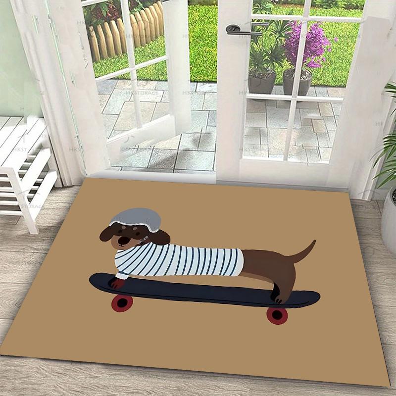 Funny Dachshund Skateboard Welcome Mat - Non-Slip Cute Sausage Dog with Red Beret Entryway Rug - Whimsical Puppy Indoor Carpet