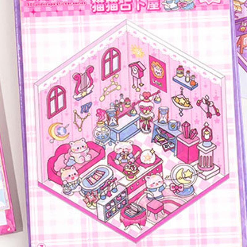 1 Set  Cabin Scene Pocket Stickers Cartoon Diy 3D Landscape Sticker Book Festival Birthday Gift For Student Kid Child