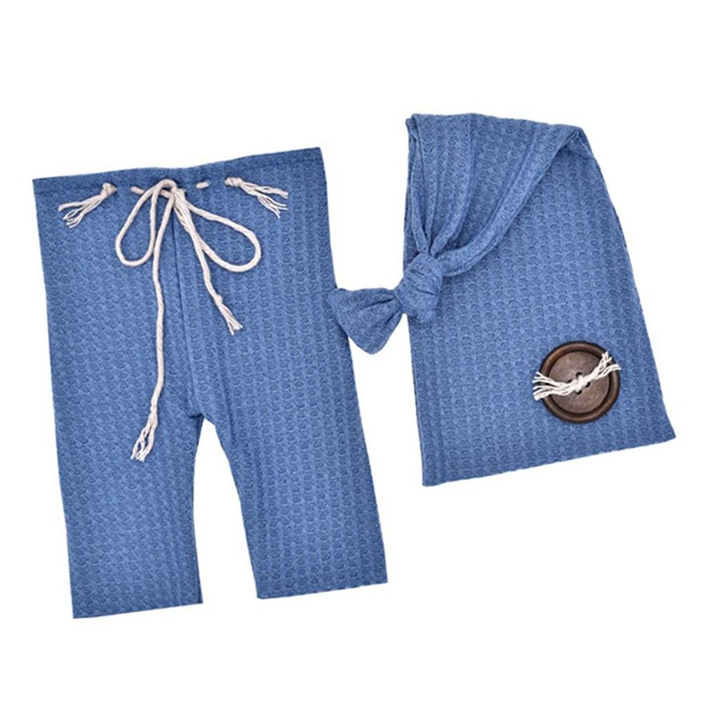 NewBorn Photo Outfit Blue Clothes Pants Tailed Hat Crochet Soft Breathable Wood Button Photo Props for Infant Toddlers
