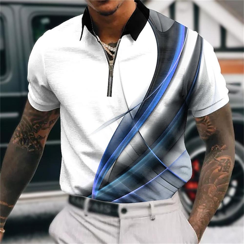 Men's Zipper Polo, Collar Polo Shirt, Golf Shirt, Graphic Print, Geometry, Linear Opening, Short Sleeve, Zipper Clothing Top