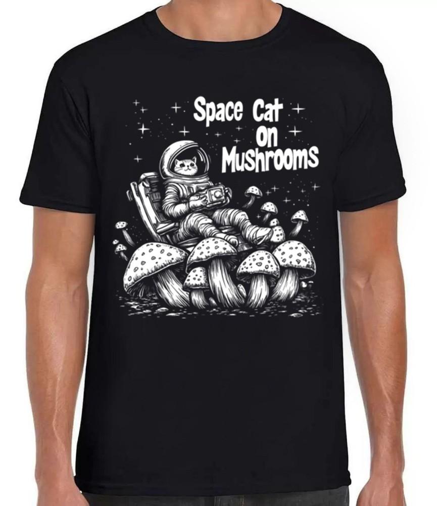 

Space Cat on Mushrooms Weird Humorous Hilarious Funny Gift Black T Shirt 392 S