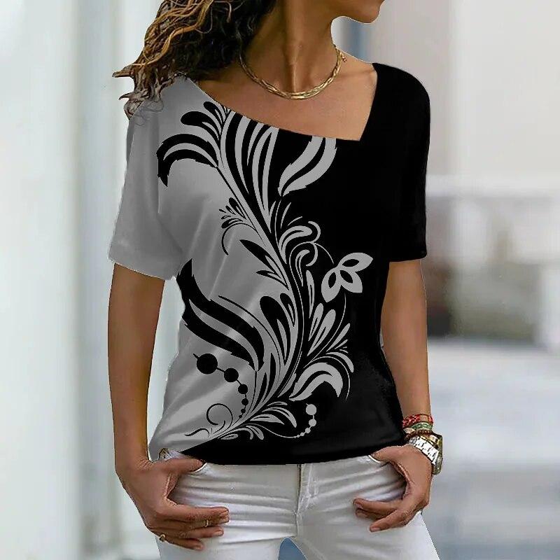 2024 Summer Women's Abstract Cool Printed Short Sleeves V Neck Female Casual Pullover Fashion Tops Elegant T Shirts New Design