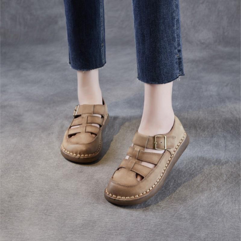Johnature Genuine Leather Retro Round Toe Sandals Hollow-out Breathable Versatile Women's Flat Shoes