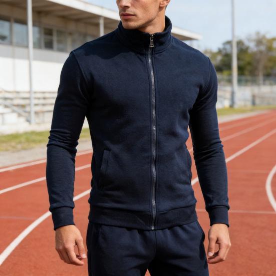 Men Zip-up Sweatshirt Mock Neck Long Sleeve Jacket Solid Color Full Zip Casual