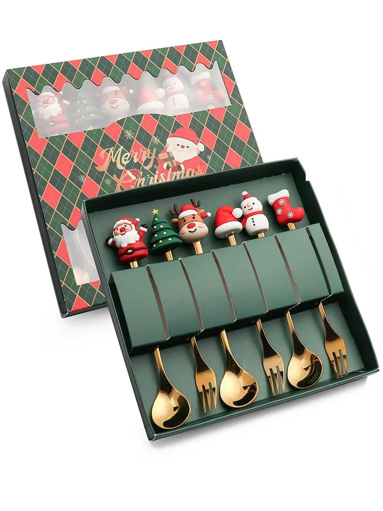 6Pcs Christmas Fork And Spoon Set Stainless Steel Creative Tableware Coffee Tea Dessert Forks And Spoons Gift Set