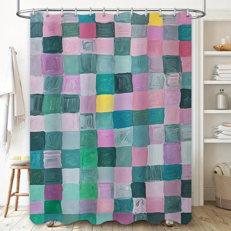 Modern Bathroom DecorVibrant Watercolor Checkered Shower Curtain Set for Bathtub Pastel Colors Collection