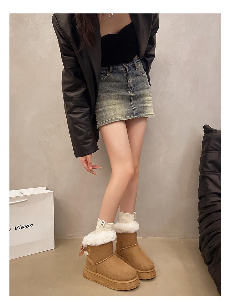 2025 Winter Thick-Soled Fleece-Lined Slip-On Snow Boots with Bow Detail - Warm Plus Size