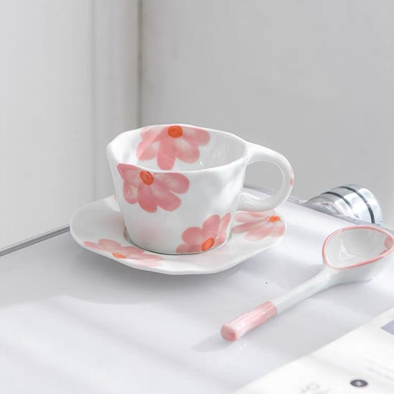 

Керамическая кружка с цветочным принтом 300 мл с блюдцем и ложкой, чашки для завтрака, молока, чая, кофе с тарелкой для хлеба и десерта, можно использовать в микроволновой печи, подарок 300ml