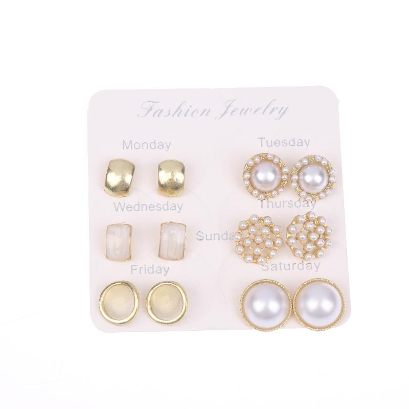 6Pairs Elegant Geometry Trim Edge Pearl Stud Earrings Gold Color Imitation Style for Wedding Ceremony