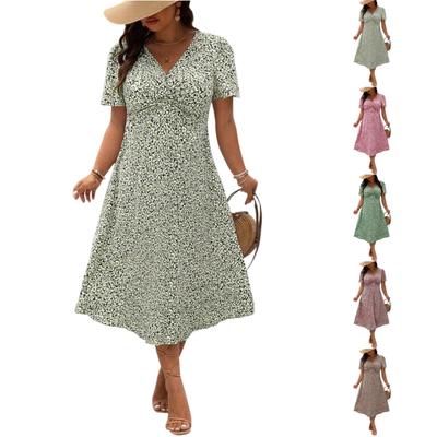 Women's Plus Size Casual Loose Fit V Neck Short Sleeve Floral Print Long Length Full Skirt Dress