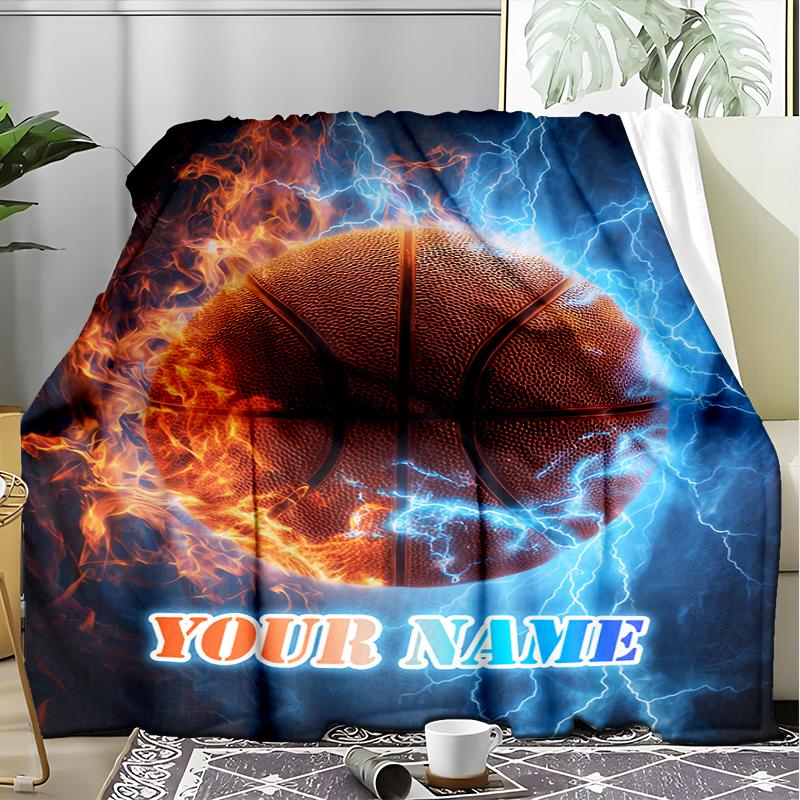 1PC Custom Name "Electric Basketball Flame" outdooor Flannel blankets Patterns Throw Blanket All-Season Soft Gift for Couch, Bed, Camping gifts