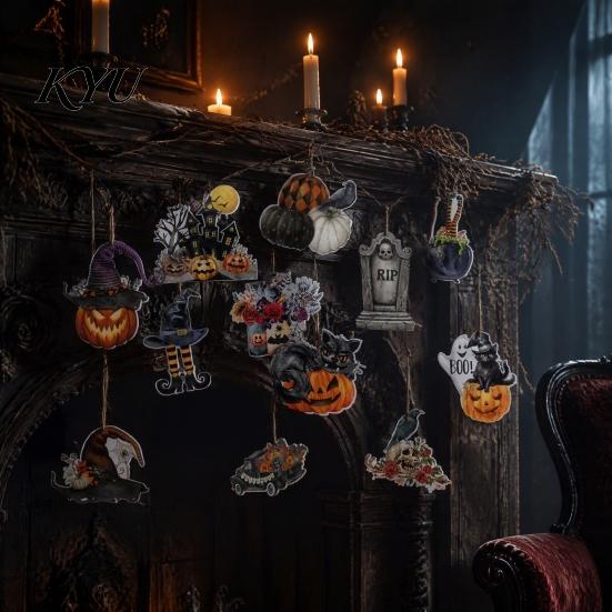 Dark Aesthetic Halloween Showcase Ornament 36Pcs Vintage Wooden Hanging Ornaments, Pumpkin Black Cat Witch Ghost Rustic Holiday Craft Ornaments