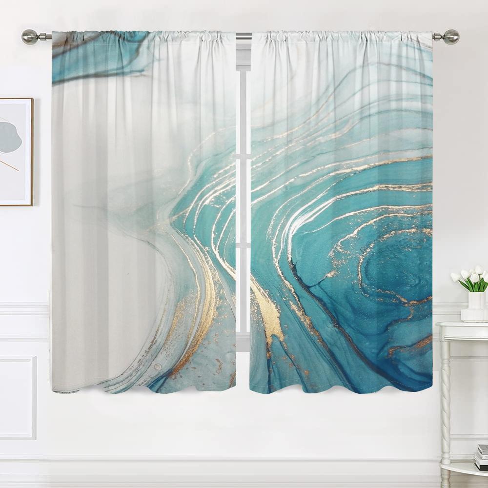 2 Pieces, Elegant Pine Green Gold Marble Textured Curtains -30% Blackout - Suitable for Living Room, Bedroom, and Home Decoratio