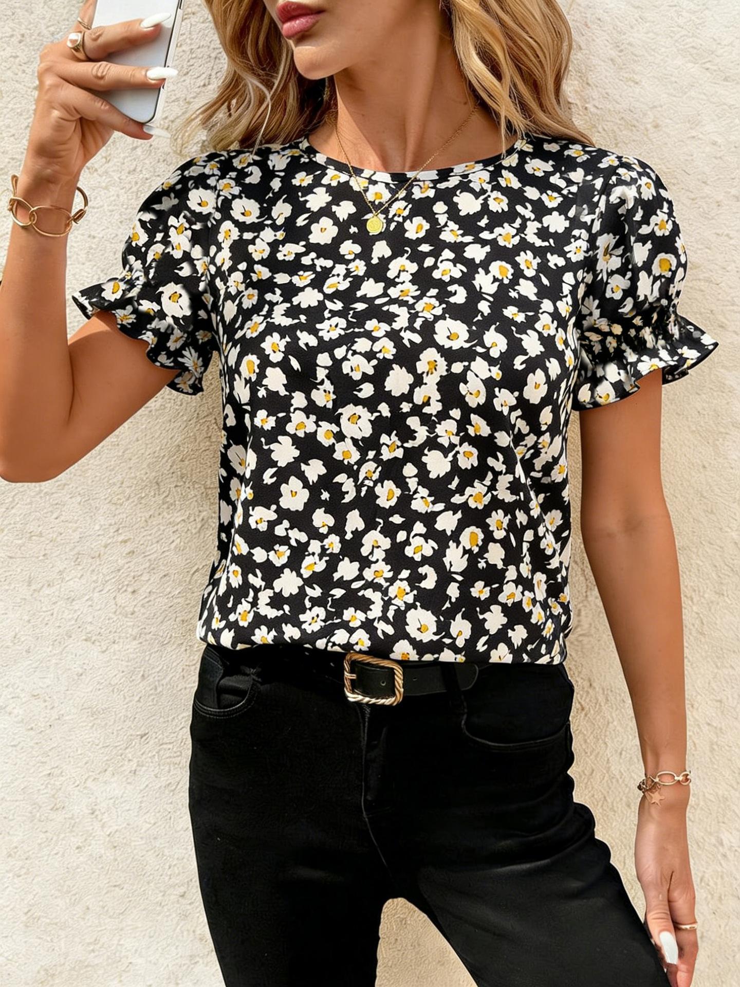 2026 Amazon s new European and American style floral short-sleeved shirt women s summer bubble sleeve printed top is fashionable and versatile S