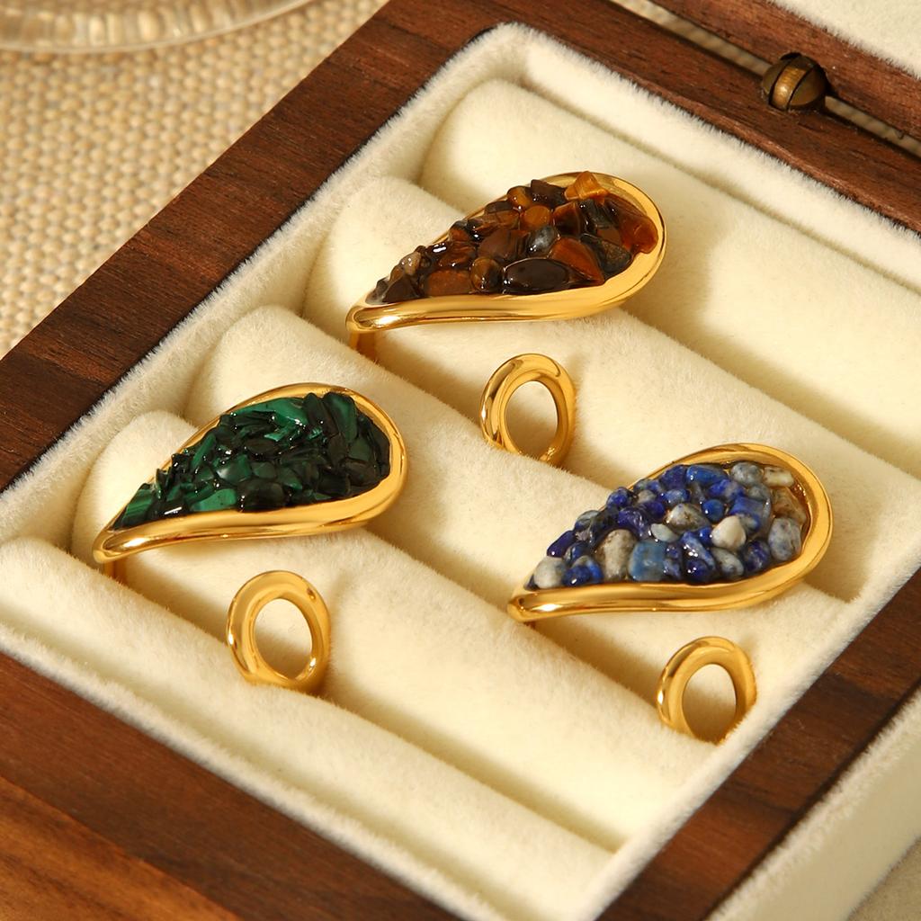 French vintage natural stone ring for women, non-fading titanium steel jewelry, versatile niche open ring