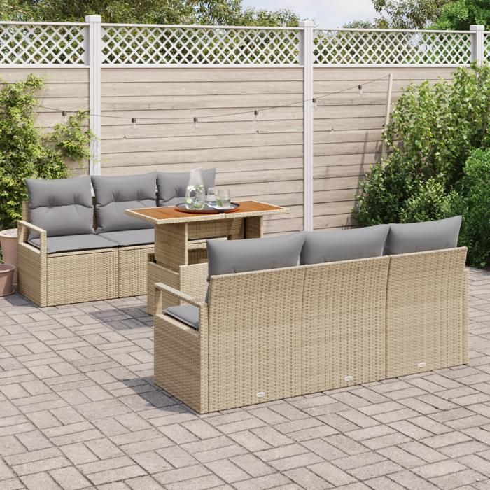 Ensemble de Canapé de Jardin 7 Pièces avec Coussins Beige en Rattan Synthétique Acacia, Canapé de Jardin 2 places 3349657