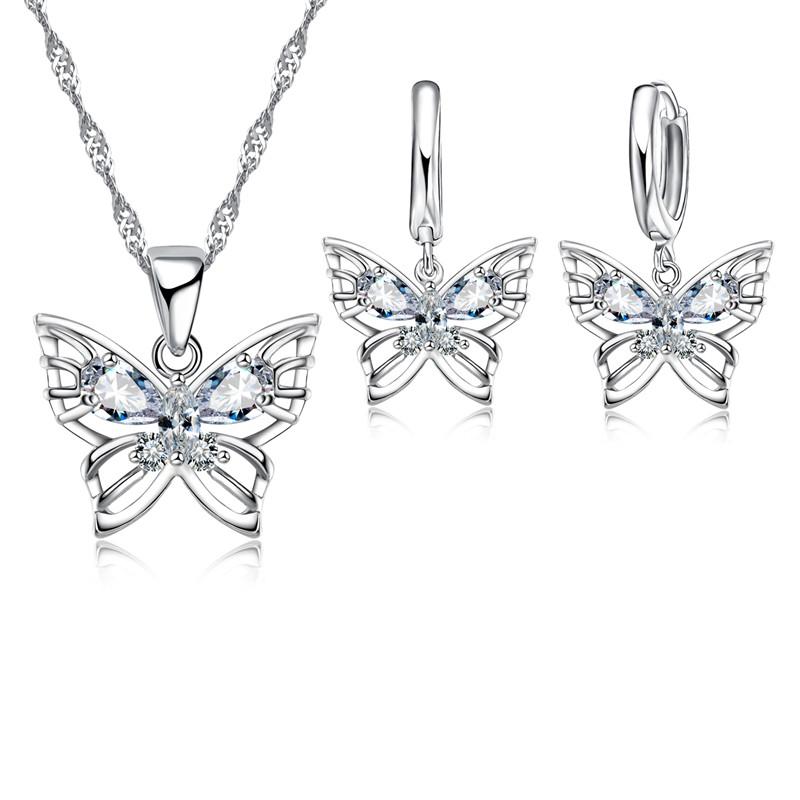 New Fashion 925 Silver Color Jewelry Sets Shining Austrian Crystal Inlaid Butterfly Wedding Pendant Necklace Earrings China Mainland
