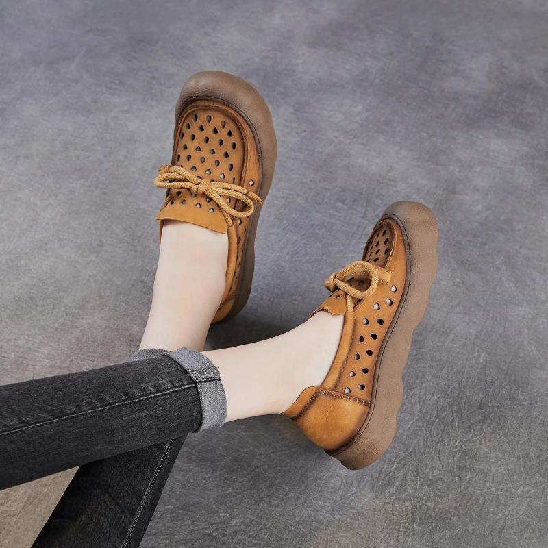 Johnature Retro Hollow-out Breathable Genuine Leather Shoes With Soft Soled Women's Slip-on Shoes