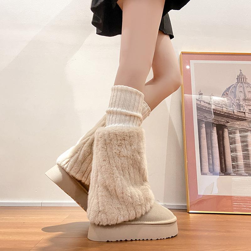 Thick-soled Snow Boots Women's 2025 Winter New Leather White Plush Heightened Plush Thickened Cotton Shoes