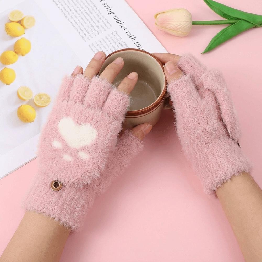Thicken Cat Paw Gloves Soft Warm Plush Mittens Cartoon Style Half Finger Gloves Adults