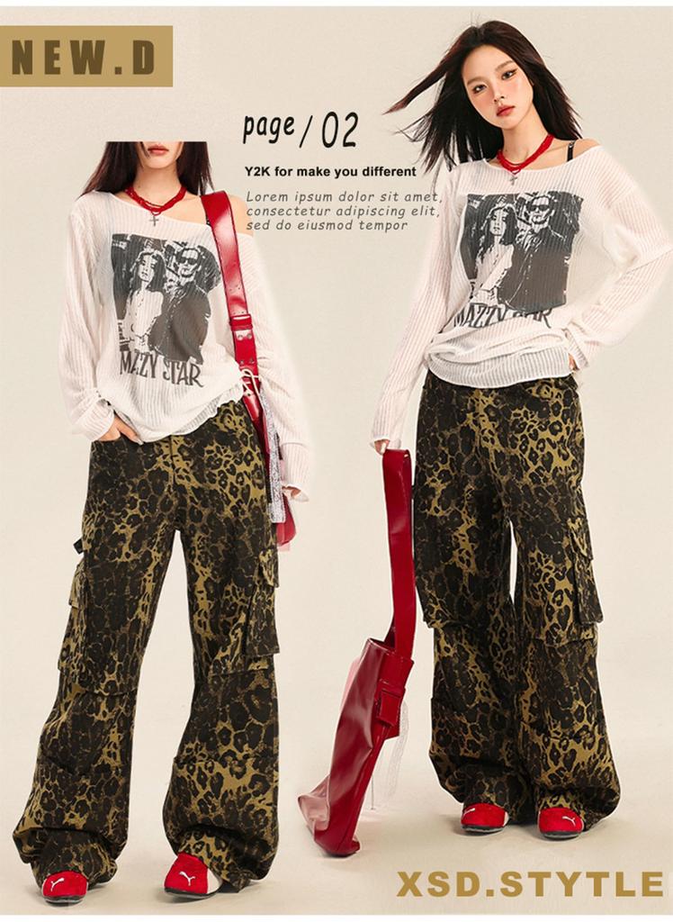 Bestmood Wide Leg Camouflage Long Straight Relaxed Cargo High Leopard Long American Casual Hip Dance L Leopard Women's Pants, Print, Pants, Pants,