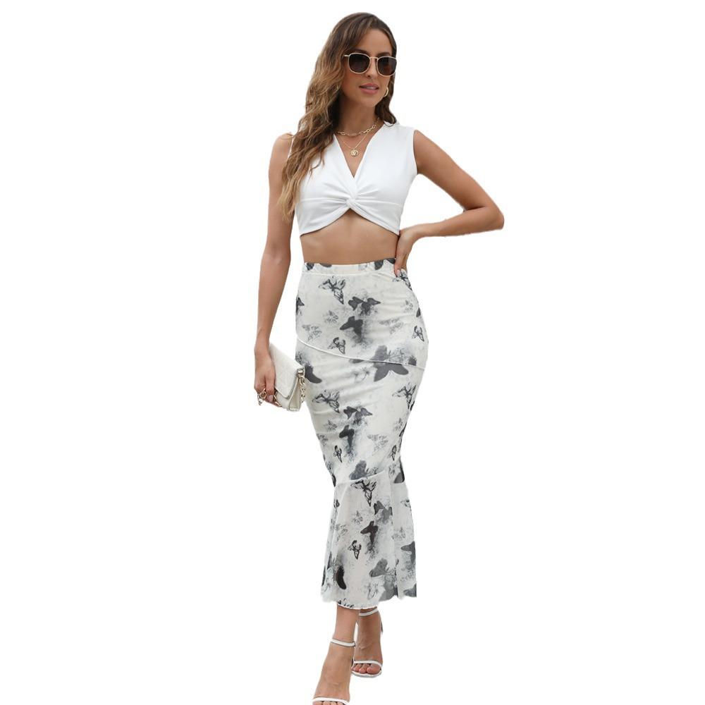 Summer 2024 Mesh Print Double-Layer Fishtail Skirt