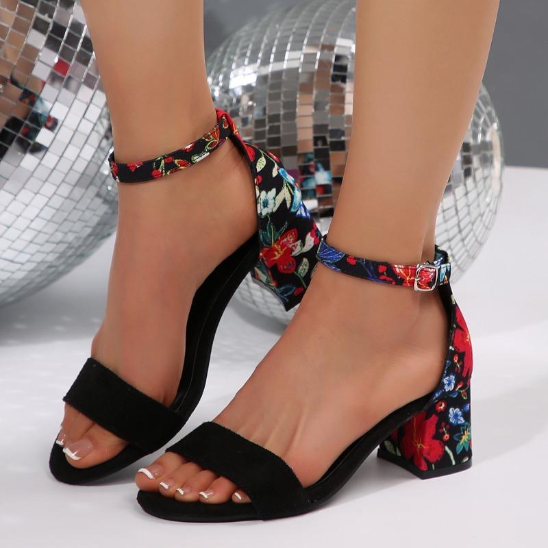 Fashion 2025 Fashion Women's Black Fleece Pattern High Heel Sandals Women's High Heel Shoes Open Toe Ankle Strap Thick Soled Shoes